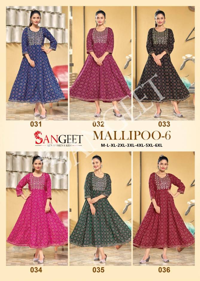 Mallipoo 6 By Sangeet 031-036 Anarkali Kurtis Catalog